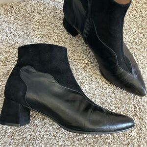 French Sole fs|ny Black Nappa Suede Bootie Point Toe Ankle Boots Block Heel